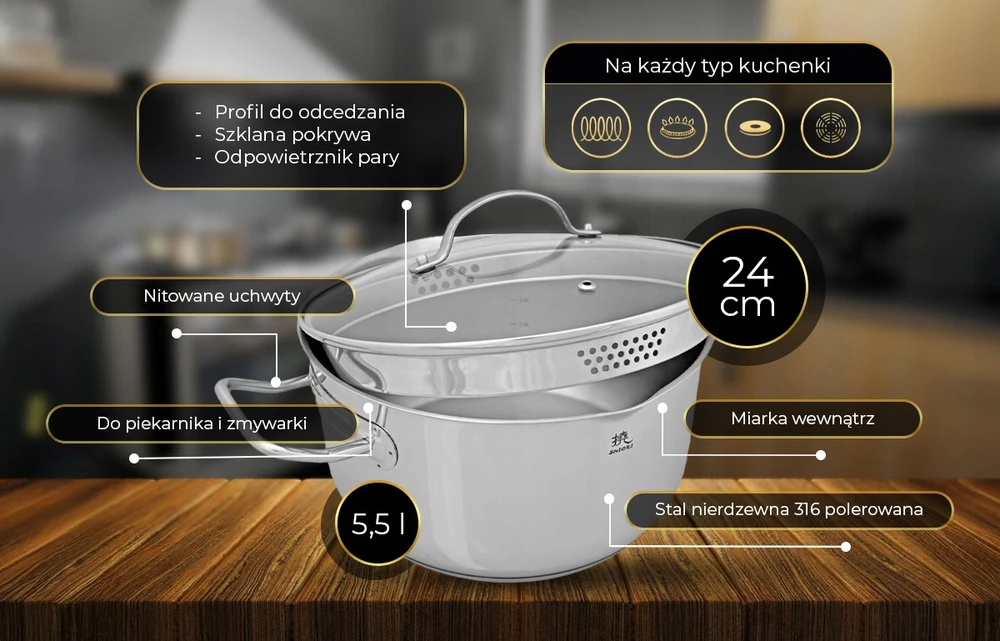 Shiori Steel Series Pro 316 indukcinis puodas 24 cm 5,5L