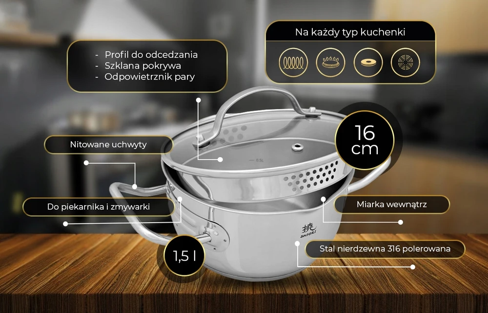 Shiori Steel Series Pro 316 indukcinis puodas 16 cm 1,5L