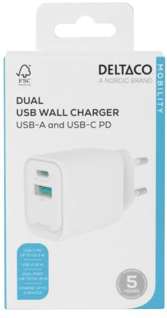 USB sieninis įkroviklis DELTACO, 1x USB-A 18 W, 1x USB-C PD 20 W, baltas/ USBC-AC154 / 1903153