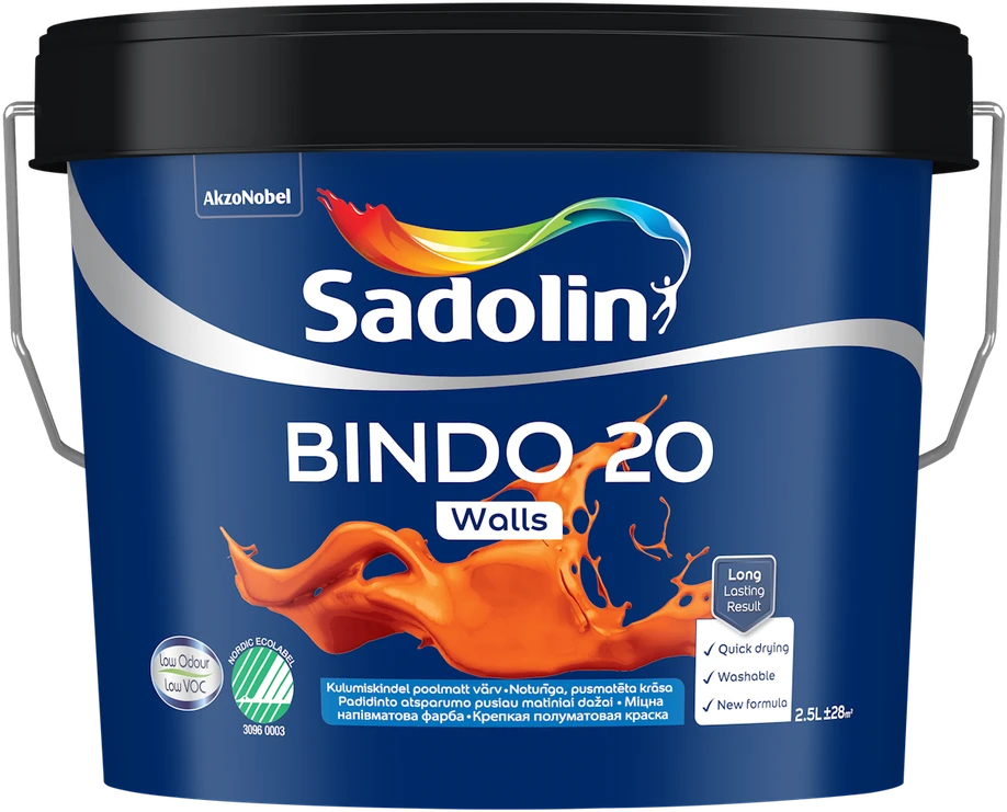 Sienų ir lubų dažai SADOLIN BINDO 10, pusiau matiniai, baltos sp., BW bazė, 10 l