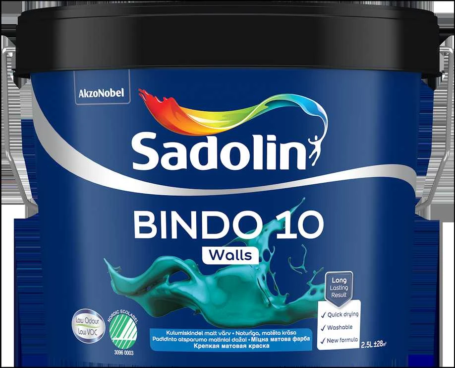 Sienų ir lubų dažai SADOLIN BINDO 10, pusiau matiniai, baltos sp., BW bazė, 2,5 l