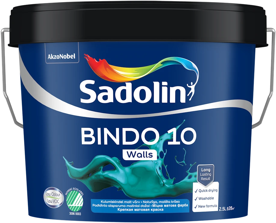 Sienų ir lubų dažai SADOLIN BINDO 10, pusiau matiniai, baltos sp., BW bazė, 10 l