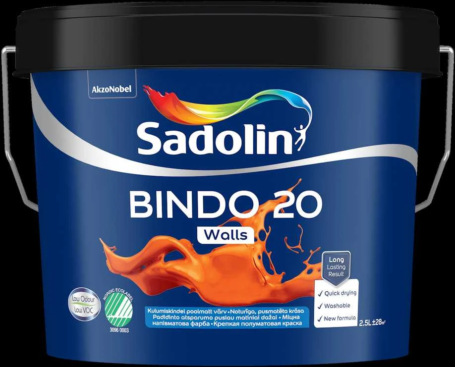 Sienų ir lubų dažai SADOLIN BINDO 20, pusiau matiniai, baltos sp., BW bazė, 2,5 l