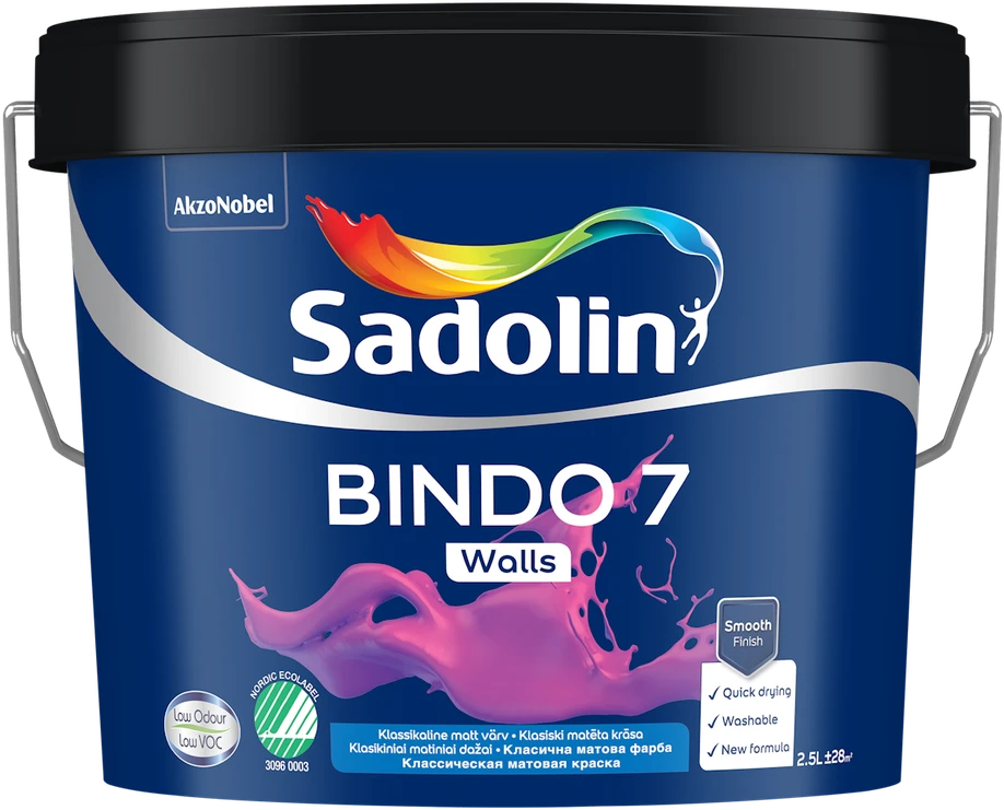Sienų ir lubų dažai SADOLIN BINDO 20, pusiau matiniai, baltos sp., BW bazė, 2,5 l