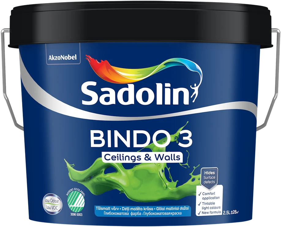 Sienų ir lubų dažai SADOLIN BINDO 3, visiškai matiniai, baltos sp., BW bazė, 9 l