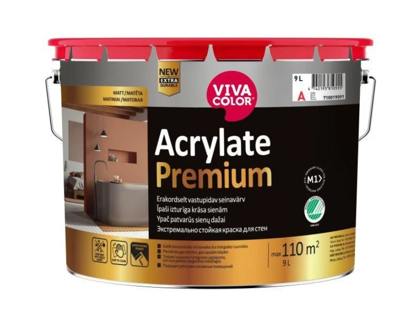Sienų ir lubų dažai VIVACOLOR ACRYLATE PREMIUM, atsparūs drėgmei, matiniai, A bazė, 2,7 l