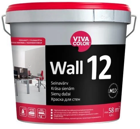Sienų ir lubų dažai VIVACOLOR WALL 12, A bazė, pusiau matiniai, 4,8 l