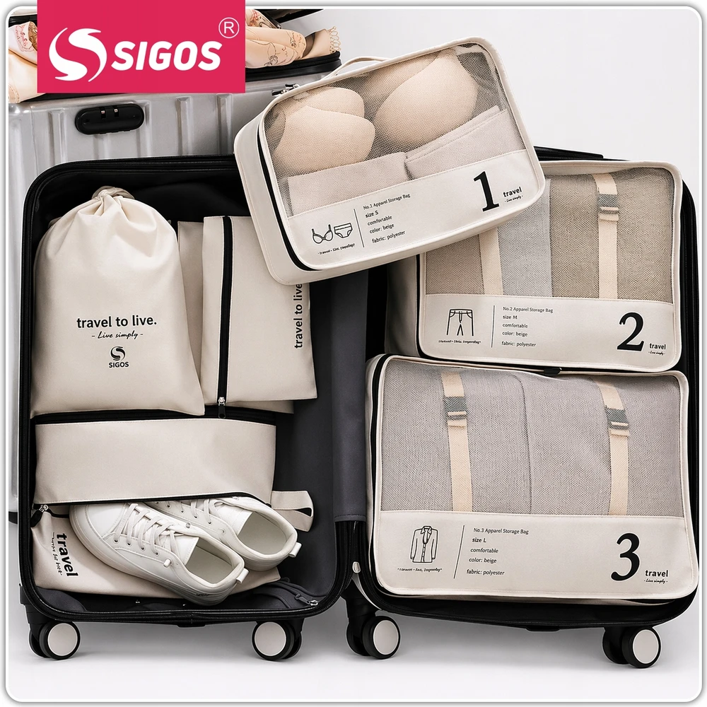 Sigos ORGANIZATORIAUS RINKINYS KELIONIŲ ORGANIZATORIUS lagaminai DRABUŽIAI SPINTOS RINKINYS 7 vnt BEIGE