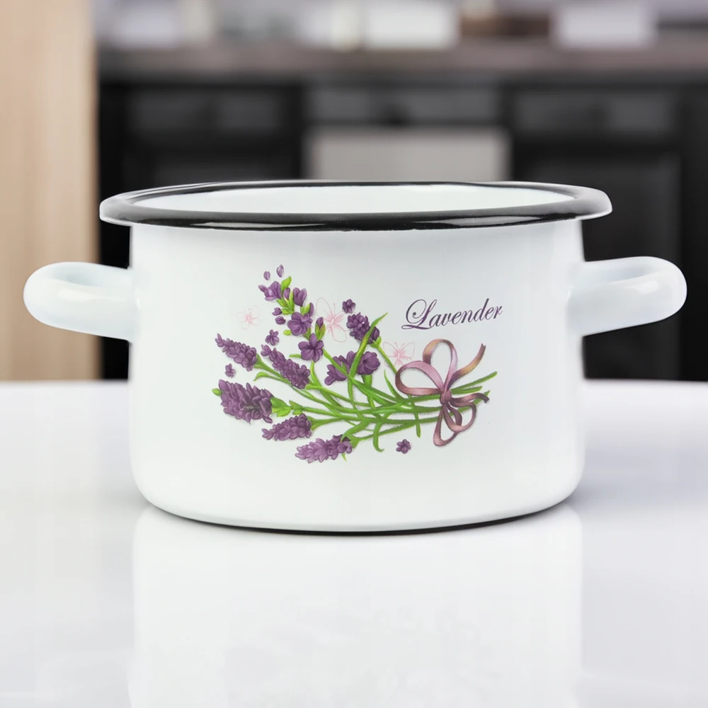 Silesia Emalia EMALINIS PUODAS 5,5 L 22cm DEKORUOTA LEVANDŲ RAŠTO DUJŲ INDUKCIJA