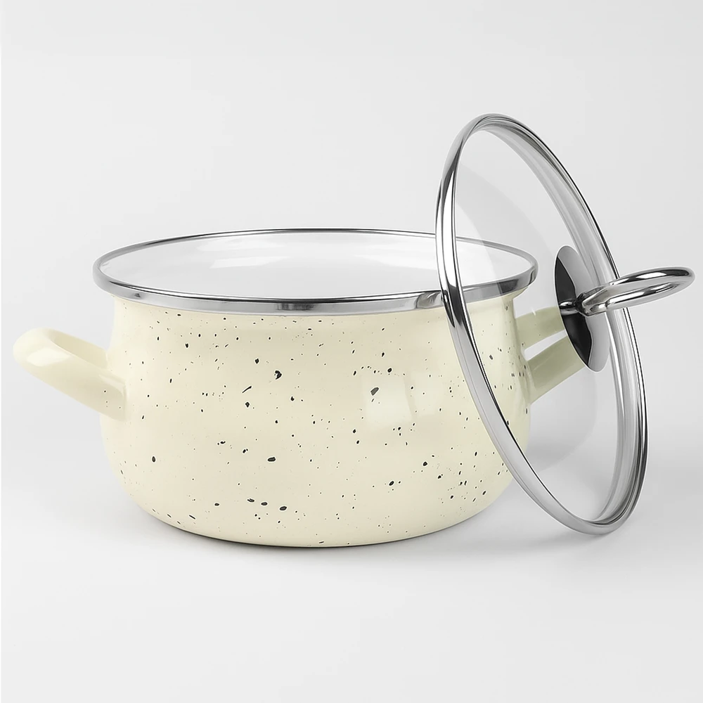 Mondex Silesia Emalia Emaliuotas puodas Helena 1,9l, 16cm, kremas su marmuru, indukcijai