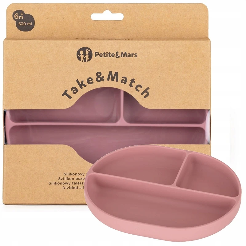 Silikoninė lėkštė su skyreliais Petite&Mars Dusty Rose, rožinė