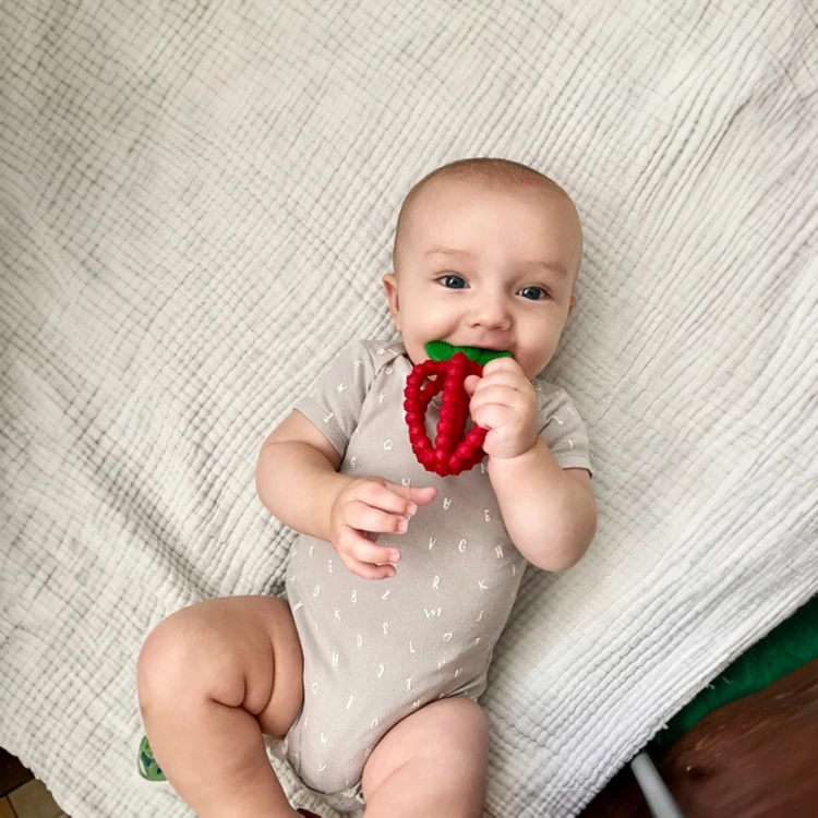 Silikoninis dantukas RaZbaby Raspberry su mėlynais lapeliais