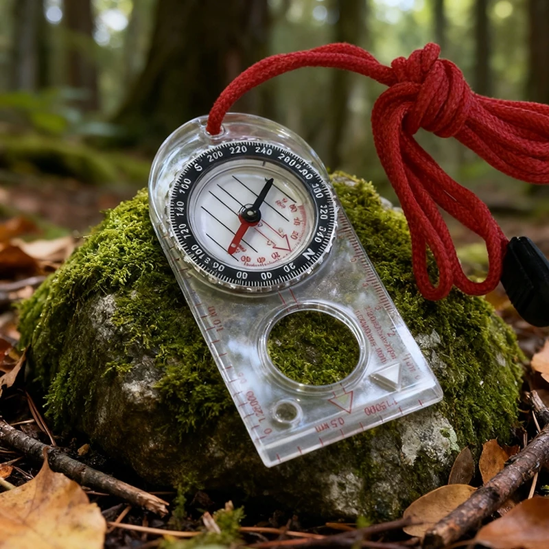 Skaidrus žemėlapio kompasas su virvele. Mokyklos pabaigos dovana