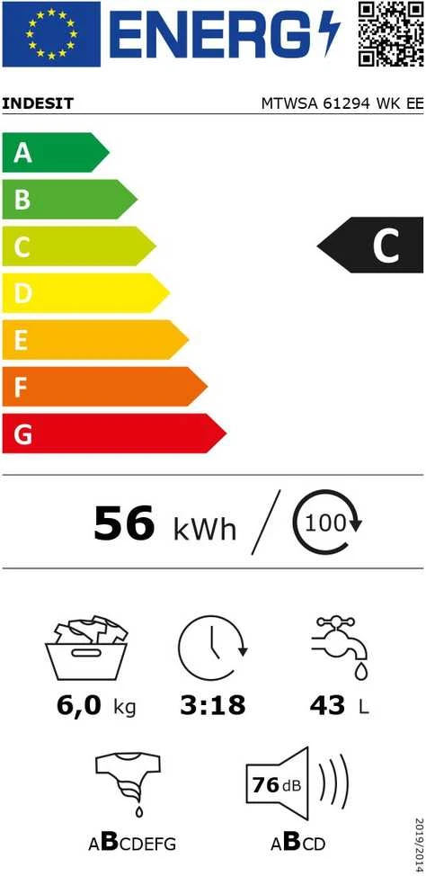 INDESIT | Skalbimo mašina | MTWSA 61294 WK EE | Energy efficiency class C | Front loading | Skalbimo talpa 6kg | 1150 RPM | Gylis 42.5 cm | Plotis 59.5 cm | Ekranas | Big Digit | Baltas