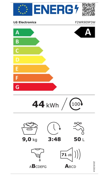 LG | Skalbimo mašina | F2WR909P3W | Energy efficiency class A | Front loading | Skalbimo talpa 9kg | 1200 RPM | Gylis 47.5 cm | Plotis 60 cm | LED | Steam function | Direct drive | Wi-Fi | Baltas