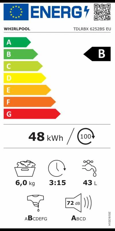 Whirlpool | Skalbimo mašina | TDLRBX 6252BS EU | Energy efficiency class B | Top loading | Skalbimo talpa 6kg | 1200 RPM | Gylis 60 cm | Plotis 40 cm | Ekranas | LED | Direct drive | Baltas
