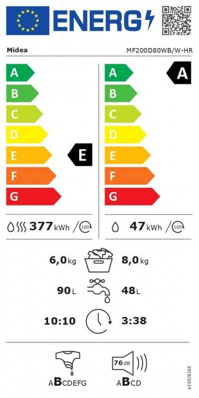 Midea | Skalbimo mašina with dryer | MF200D80WB/1/W-HR | Energy efficiency class A/D | Front loading | Skalbimo talpa 8kg | 1400 RPM | Gylis 48 cm | Plotis 60 cm | Ekranas | LED | Drying system | Drying capacity 6kg | Steam function | Baltas