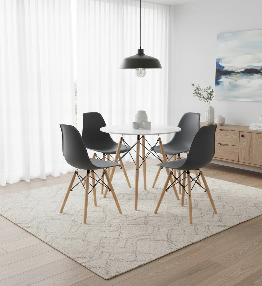 SKANDINAVIŠKŲ FORTEPIANINIŲ KĖDŽIŲ RINKINYS TAMSIAI PILKA 4VNT + Baltas STALAS 80cm