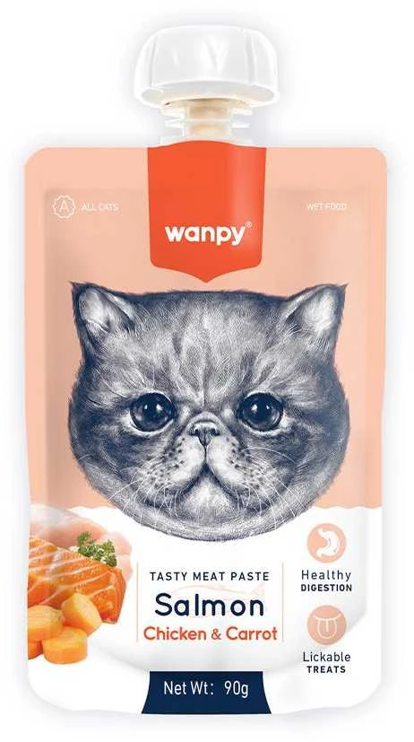 Skanėstas katėms WANPY mėsos pasta, su lašiša, vištiena ir morkomis, 90 g