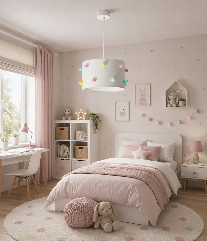 Skylighting NOWOCZESNA LAMPA SUFITOWA WISZĄCA DZIECIĘCA ABAŻUR 30CM POMPONY LED E27