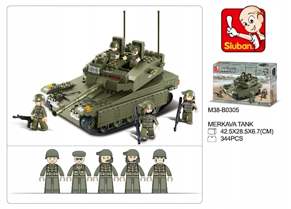 Sluban BLOKAS IZRAELI TANKAS MERKAVA MK. I/II 344EL. + 5 KARINIO JUDĖJIMO FIGURINĖS.