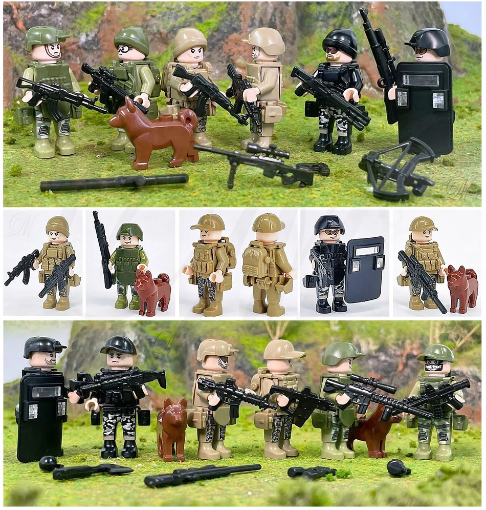 Sluban FIGURINĖS 8057 + GINKLAI + skydai + ŠUNYS armijos policijos statybiniai blokai figūrėlės ginklai šuo