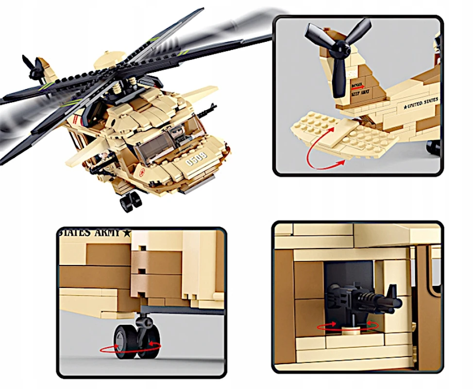 Sluban Plytos Sikorsky UH-60 Juodas Hawk Helicopter 439 vnt. + 4 ARMY figūrėlės