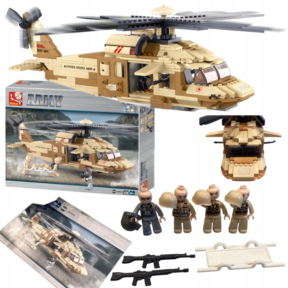 Sluban Plytos Sikorsky UH-60 Juodas Hawk Helicopter 439 vnt. + 4 ARMY figūrėlės