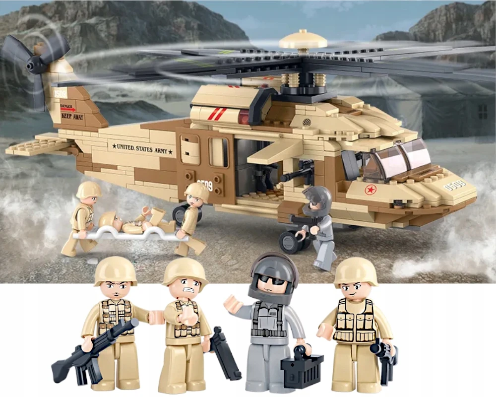 Sluban Plytos Sikorsky UH-60 Juodas Hawk Helicopter 439 vnt. + 4 ARMY figūrėlės