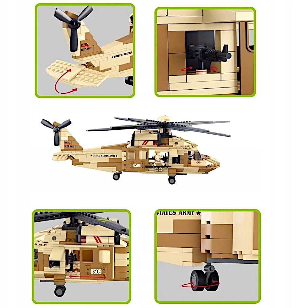 Sluban Plytos Sikorsky UH-60 Juodas Hawk Helicopter 439 vnt. + 4 ARMY figūrėlės
