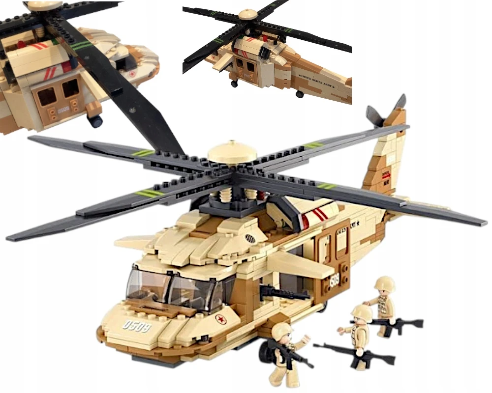 Sluban Plytos Sikorsky UH-60 Juodas Hawk Helicopter 439 vnt. + 4 ARMY figūrėlės