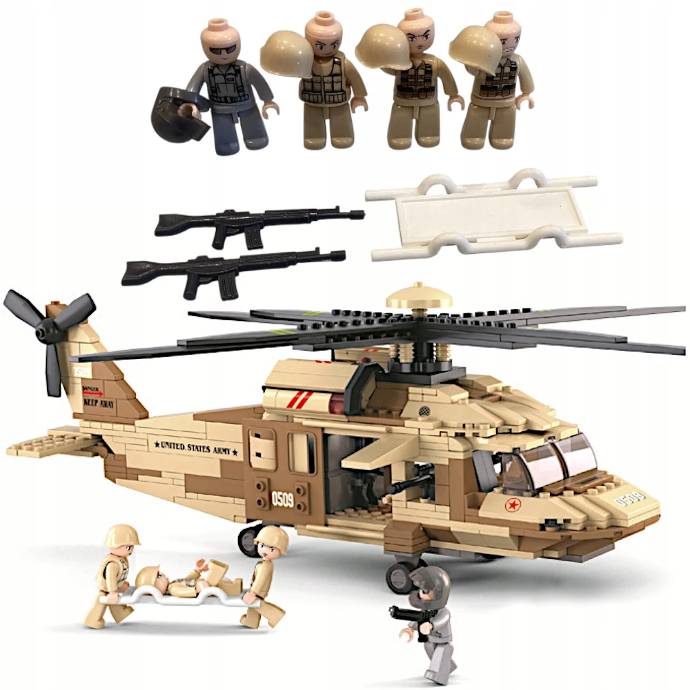 Sluban Plytos Sikorsky UH-60 Juodas Hawk Helicopter 439 vnt. + 4 ARMY figūrėlės