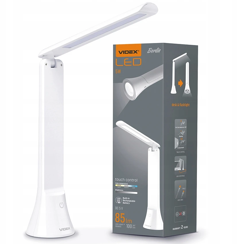 Smartled Nešiojama stalinė lempa 2in1 LED žibintuvėlis VIDEX 5W 100lm baterija 1800mAh