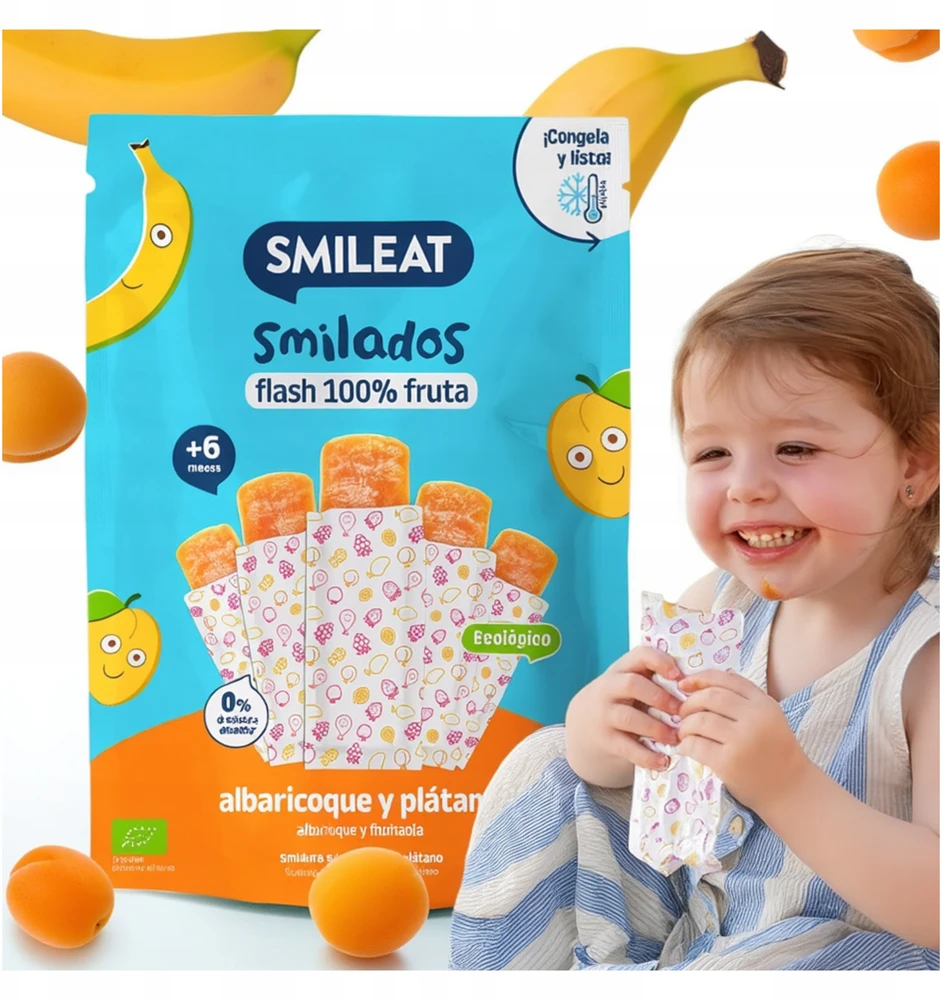 Smileat ECO Fruit Mousse Abrikosų bananų 100g Natūralus raminamasis kremas, skirtas dantų dygimui ir šypsenai