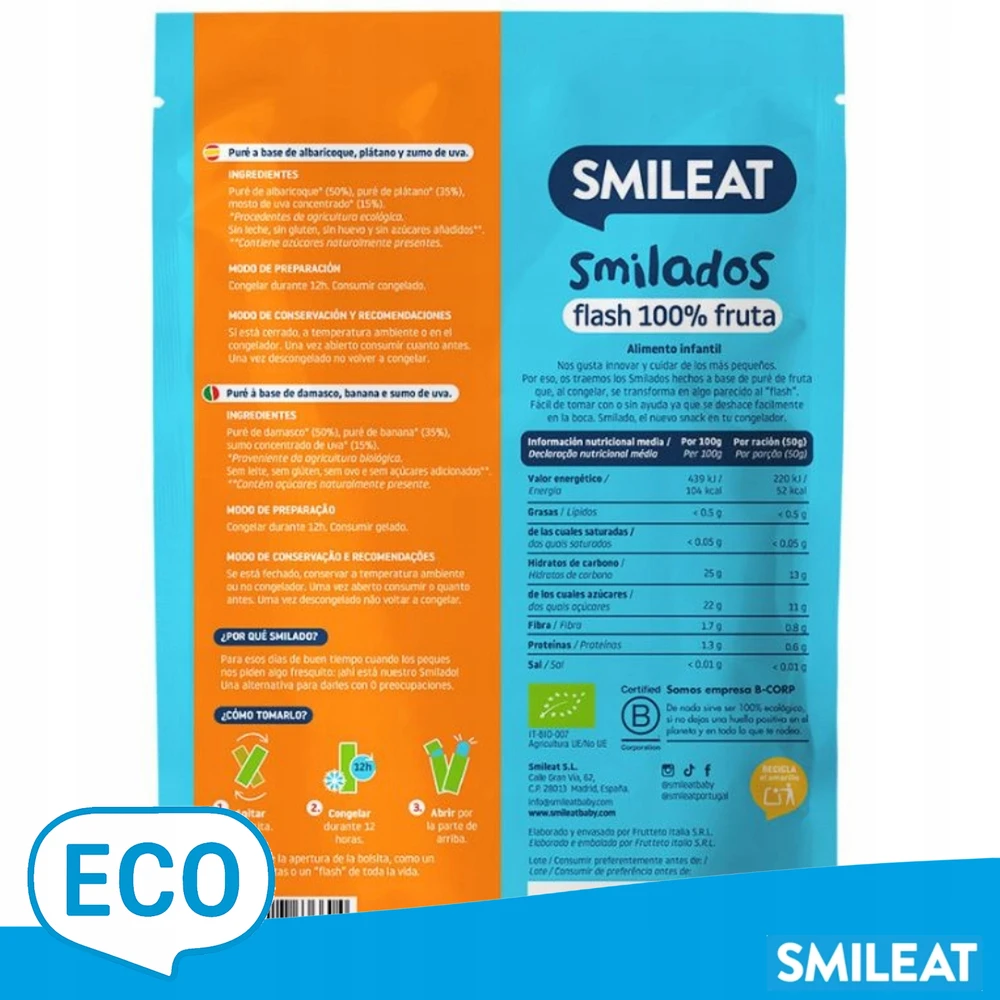 Smileat ECO Fruit Mousse Abrikosų bananų 100g Natūralus raminamasis kremas, skirtas dantų dygimui ir šypsenai