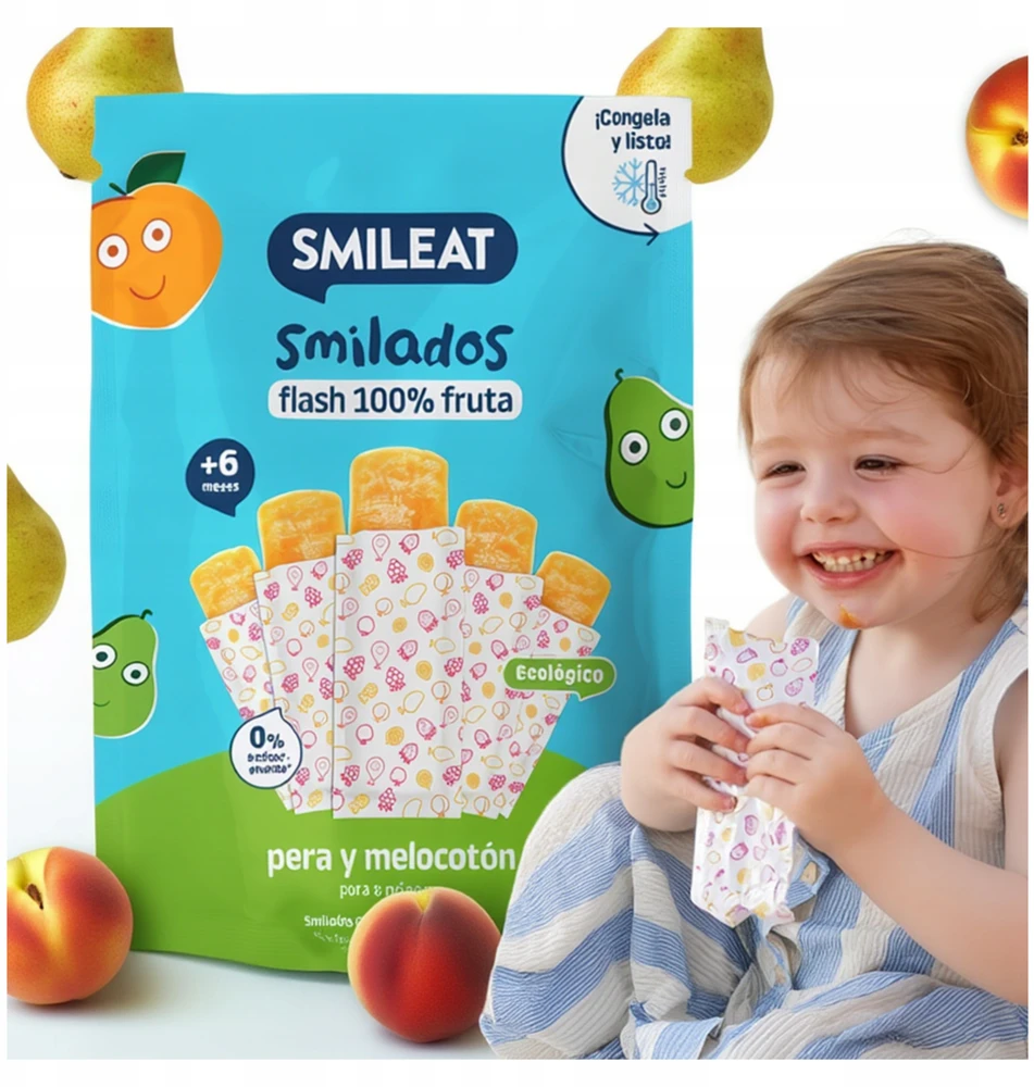 Smileat EKO vaisių putėsiai kriaušių ir persikų raminamoji priemonė, skirta dantų dygimui, šypsena