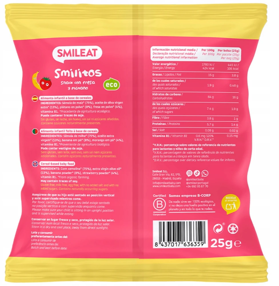 Smileat Smilitos Corn Puffs Braškių bananų sveikas užkandis 25G