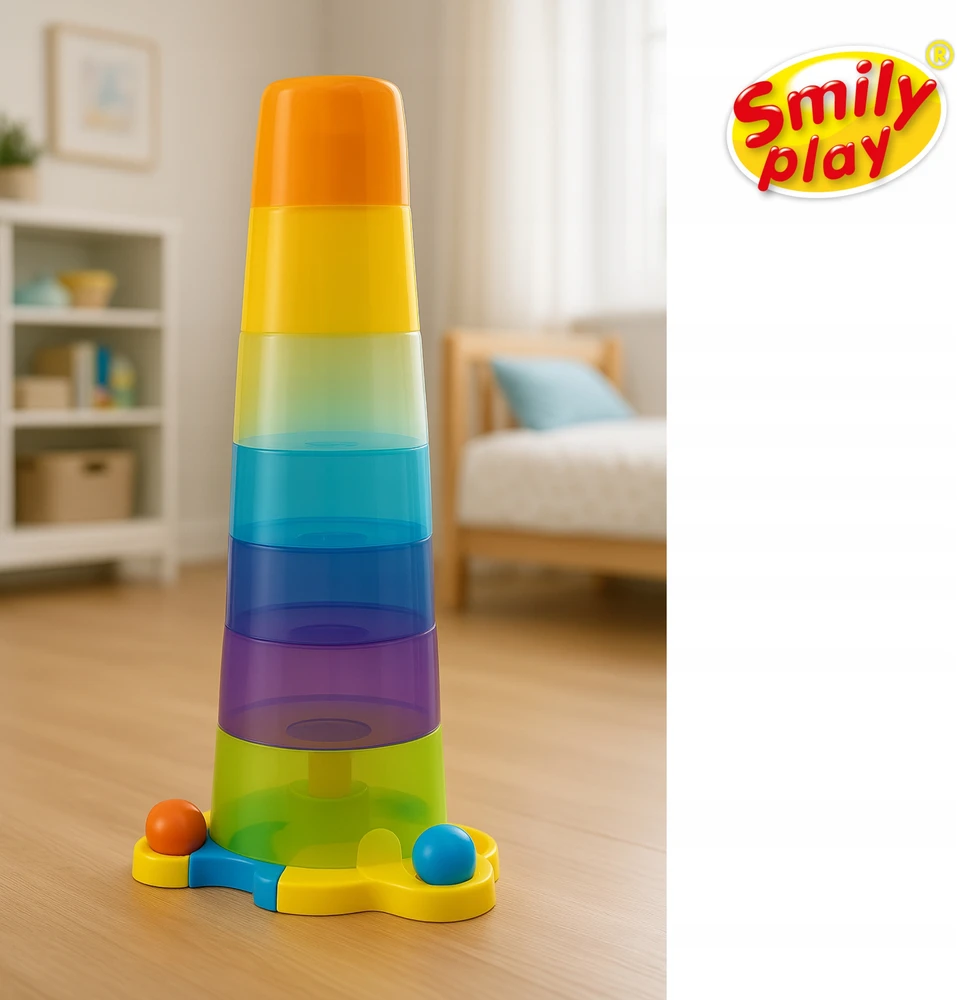 SMILY PLAY Bokštas su kamuoliukais Sensorinė piramidės rūšiavimo priemonė Vaikams 65 cm