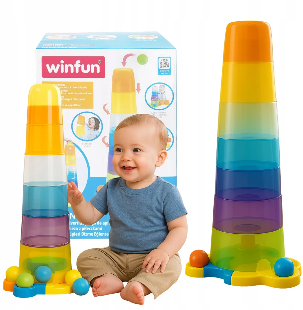 SMILY PLAY Bokštas su kamuoliukais Sensorinė piramidės rūšiavimo priemonė Vaikams 65 cm