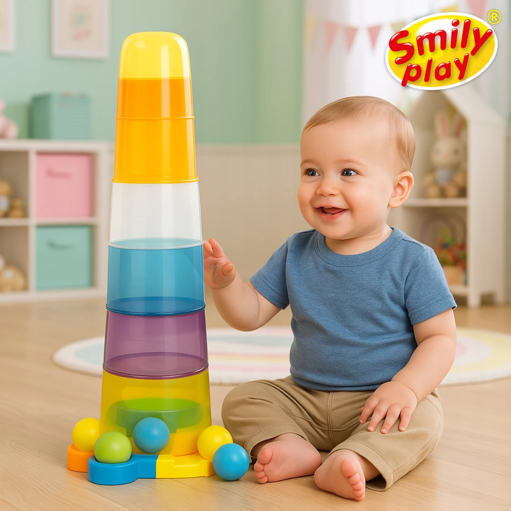 SMILY PLAY Bokštas su kamuoliukais Sensorinė piramidės rūšiavimo priemonė Vaikams 65 cm