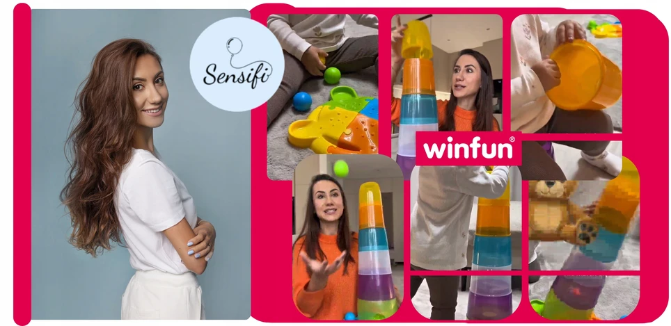 SMILY PLAY Bokštas su kamuoliukais Sensorinė piramidės rūšiavimo priemonė Vaikams 65 cm