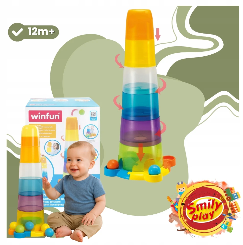 SMILY PLAY Bokštas su kamuoliukais Sensorinė piramidės rūšiavimo priemonė Vaikams 65 cm
