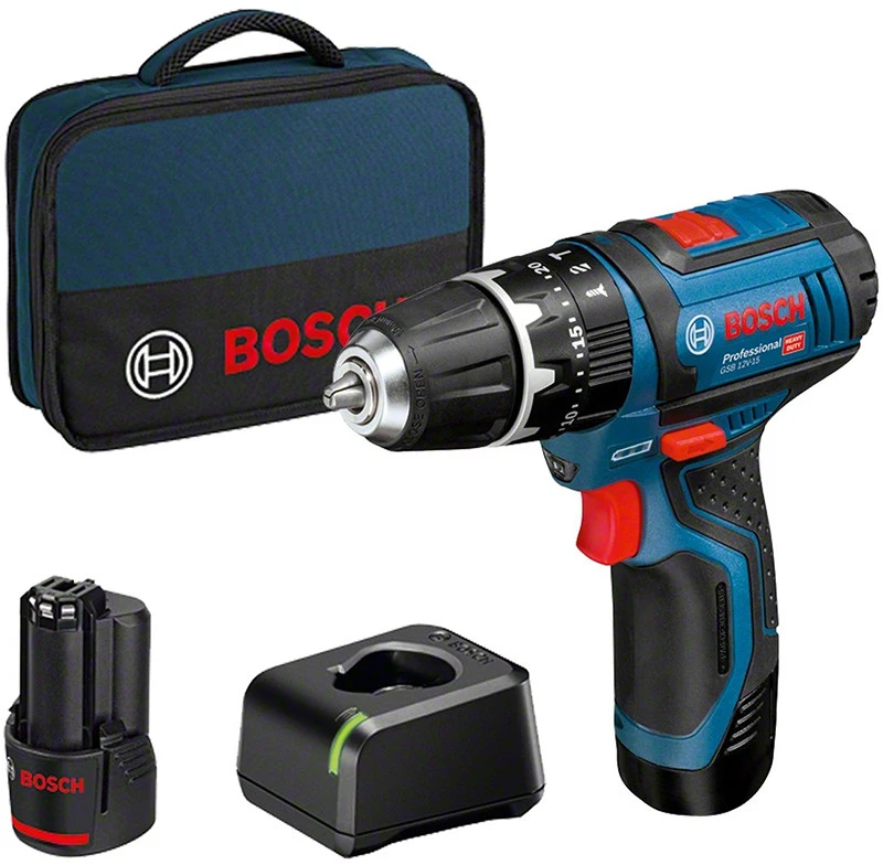 Bosch Akumuliatorinis smūginis gręžtuvas-suktuvas GSB 12V-15, 2x2.0Ah