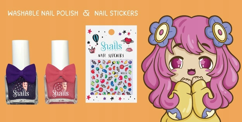 Snails Nagų dekoravimo rinkinys vaikams CANDY 2 nagų lakai, lipdukai, Sraigės