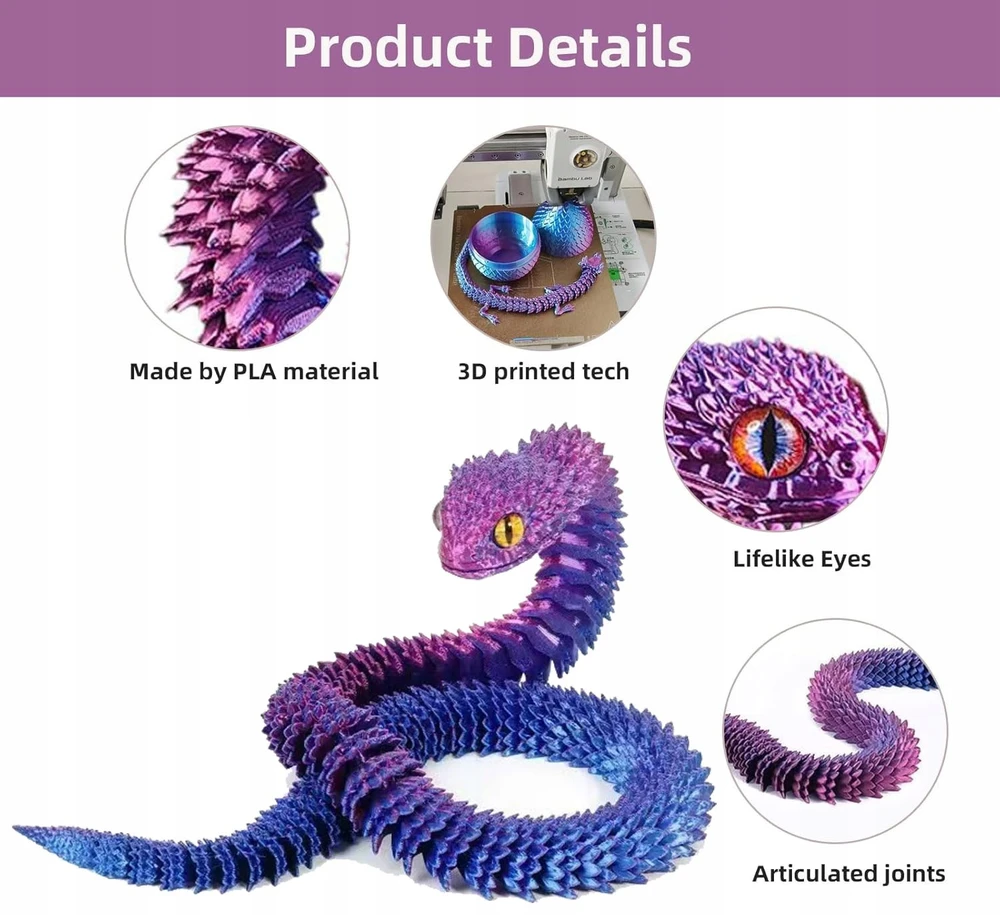 Snake Dragon 3D šarnyrinė figūrėlė, kilnojama tikroviška su spausdintuvu 60 cm