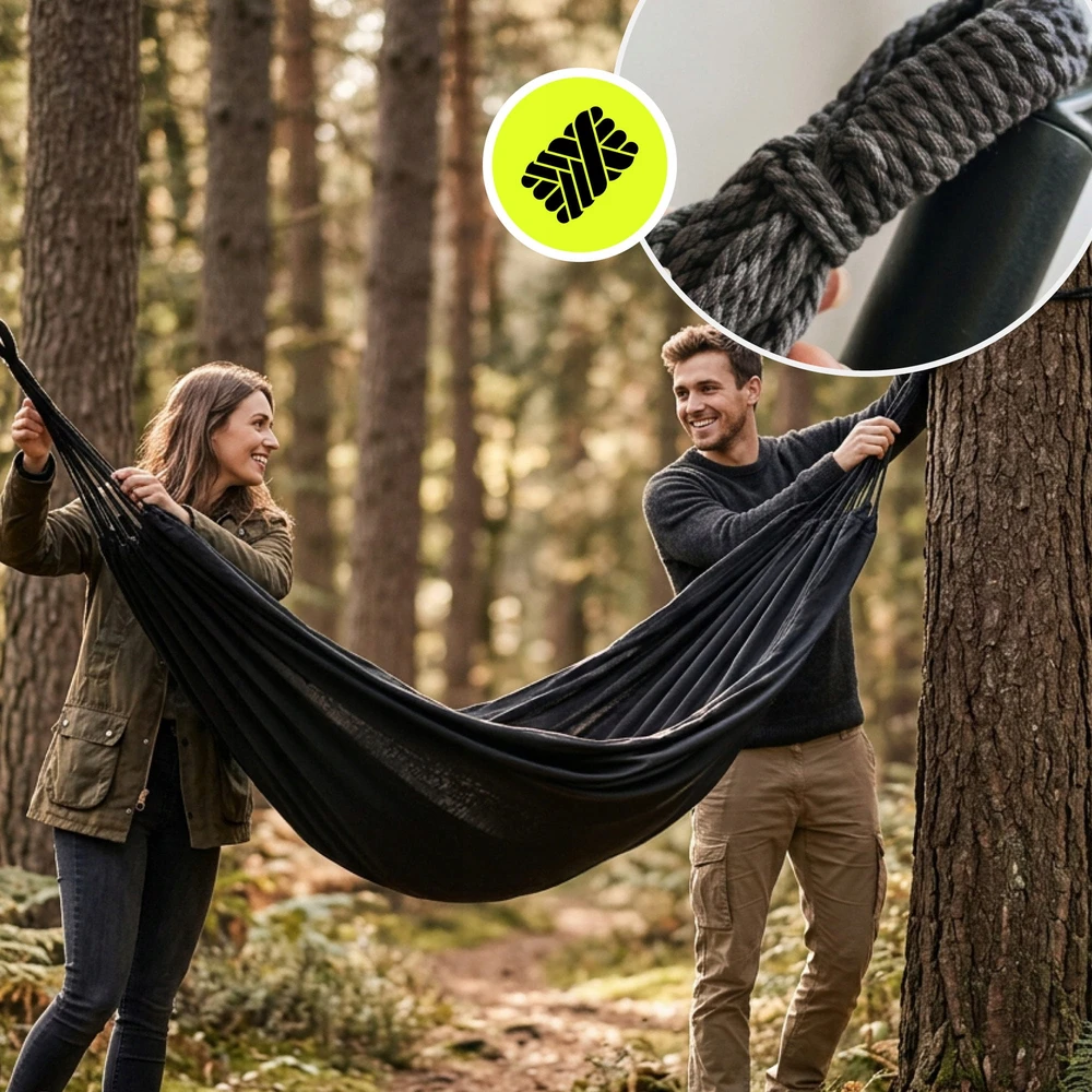 Sodo hamakas HyperMotion, boho stiliaus, pilkas, 200 × 150 cm, su transportavimo užvalkalu