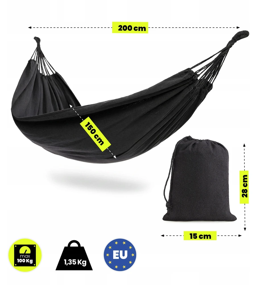 Sodo hamakas HyperMotion, boho stiliaus, pilkas, 200 × 150 cm, su transportavimo užvalkalu