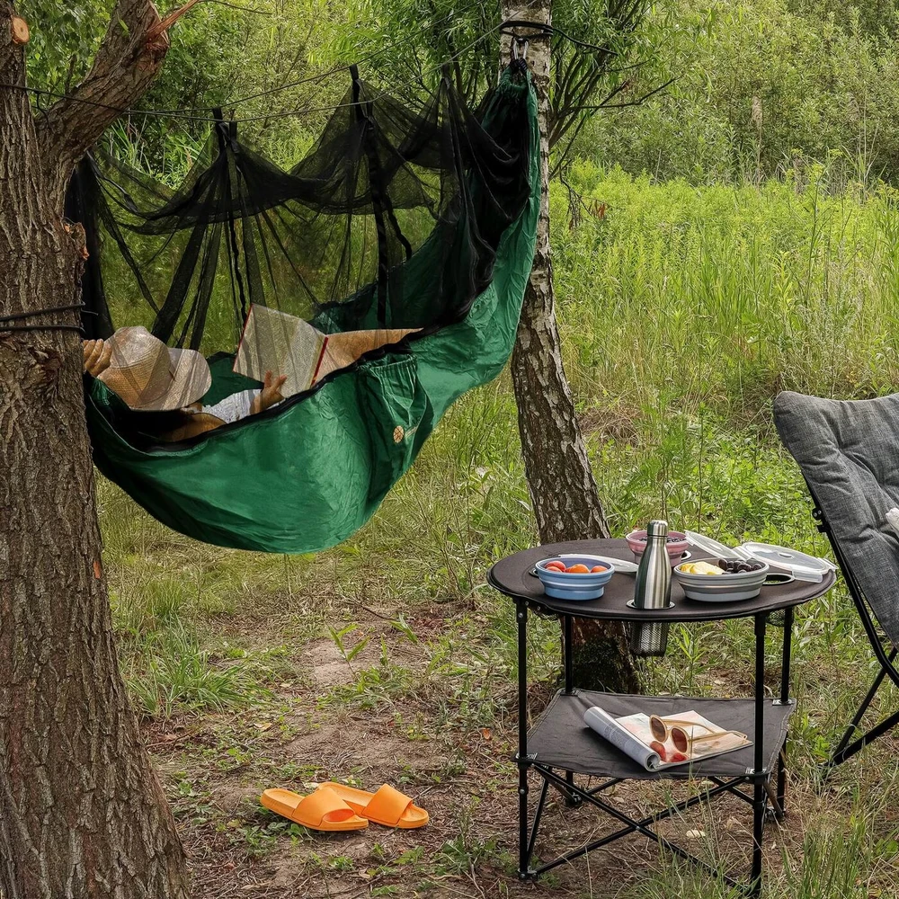 Sodo HAMAKAS su Uodų tinkleliu Žalias Tourist Tadar Camping 270 x 140 cm