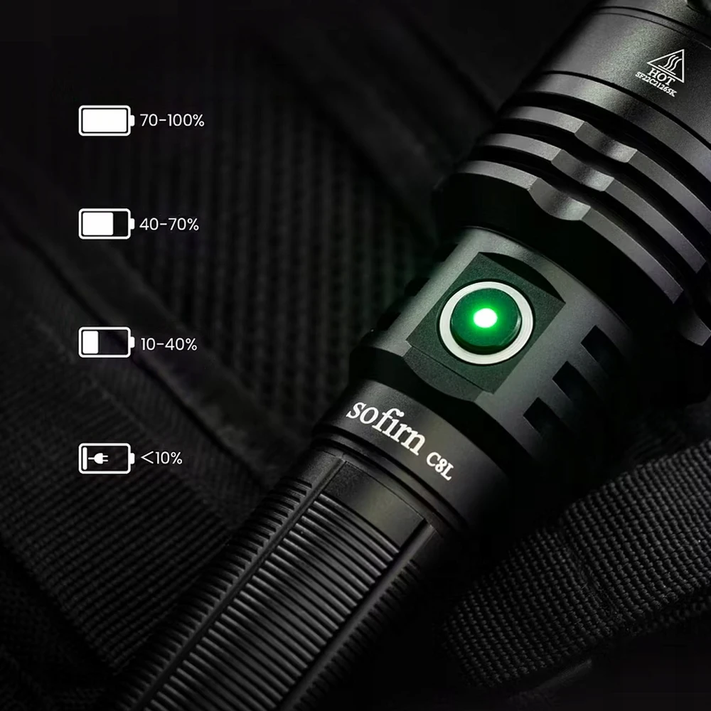 Sofirn C8L taktinis LED žibintuvėlis, 3100 lm, XHP50D-HI, USB-C, 21700, IPX8, veikimo nuotolis iki 531 m