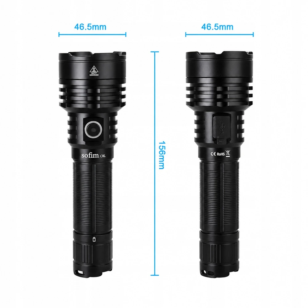 Sofirn C8L taktinis LED žibintuvėlis, 3100 lm, XHP50D-HI, USB-C, 21700, IPX8, veikimo nuotolis iki 531 m